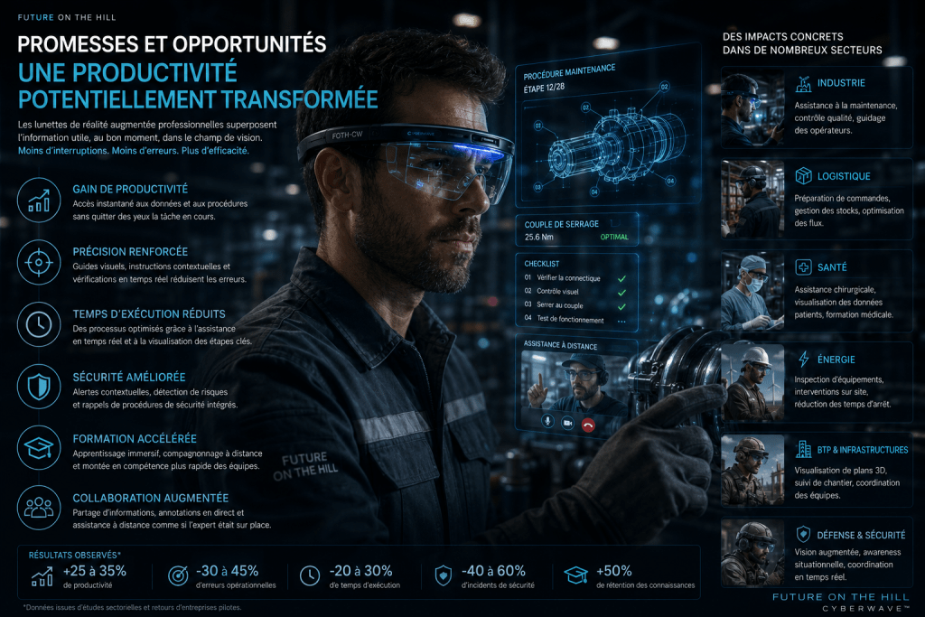 Un homme portant des lunettes de réalité augmentée travaille sur un équipement, avec des éléments visuels montrant des données et instructions contextuelles.