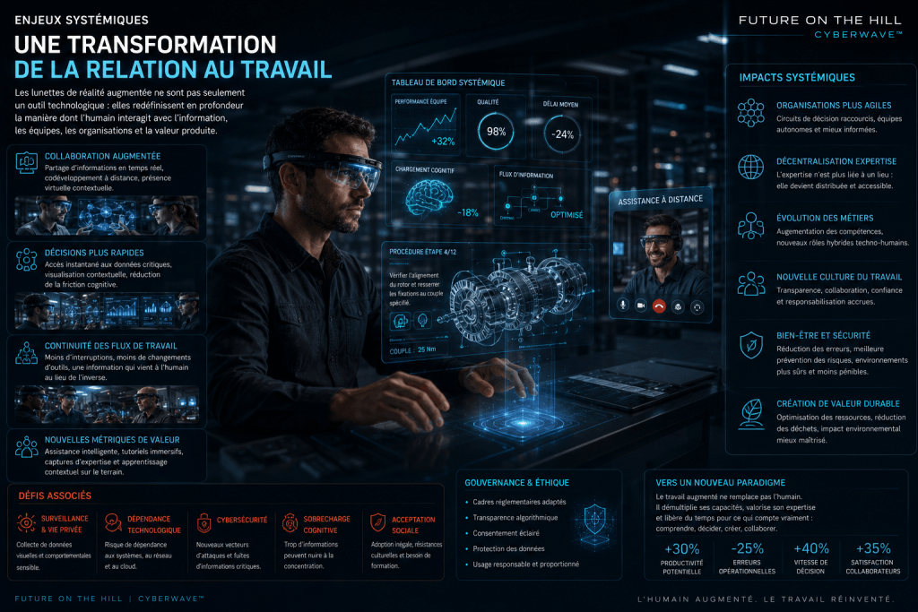 Infographie sur la transformation de la relation au travail, mettant en avant l'utilisation des lunettes de réalité augmentée pour améliorer la collaboration, la prise de décision et l'efficacité au sein des équipes. Détails sur les impacts systémiques, défis associés et nouvelles métriques de valeur.