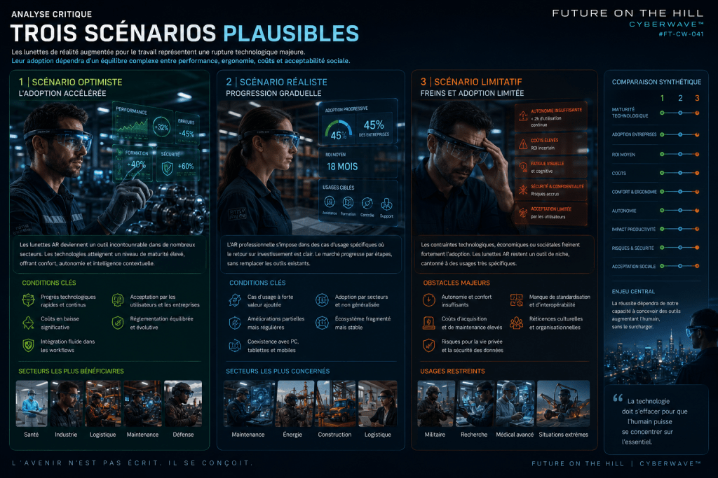 Infographie présentant trois scénarios plausibles pour l'adoption de lunettes de réalité augmentée au travail, avec des analyses sur l'optimisme, le réalisme et les freins à l'adoption.