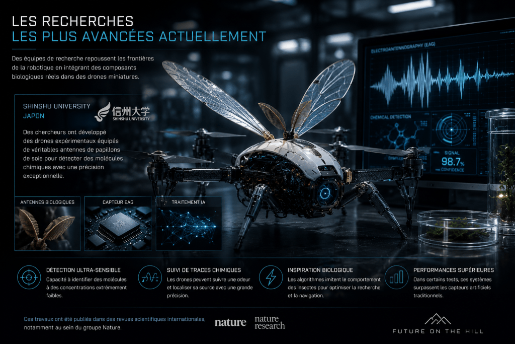 Un drone robotique inspiré d'un papillon, équipé d'antennes biologiques, sur un fond de laboratoire avec des graphiques de détection chimique.