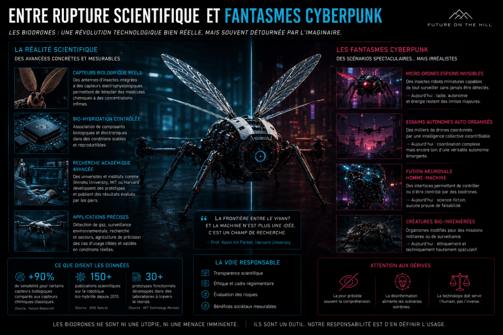 Infographie sur les biodrones, présentant la réalité scientifique et les fantasmes cyberpunk. Détails sur les avancées technologiques, la bio-hybridation et des applications précises.