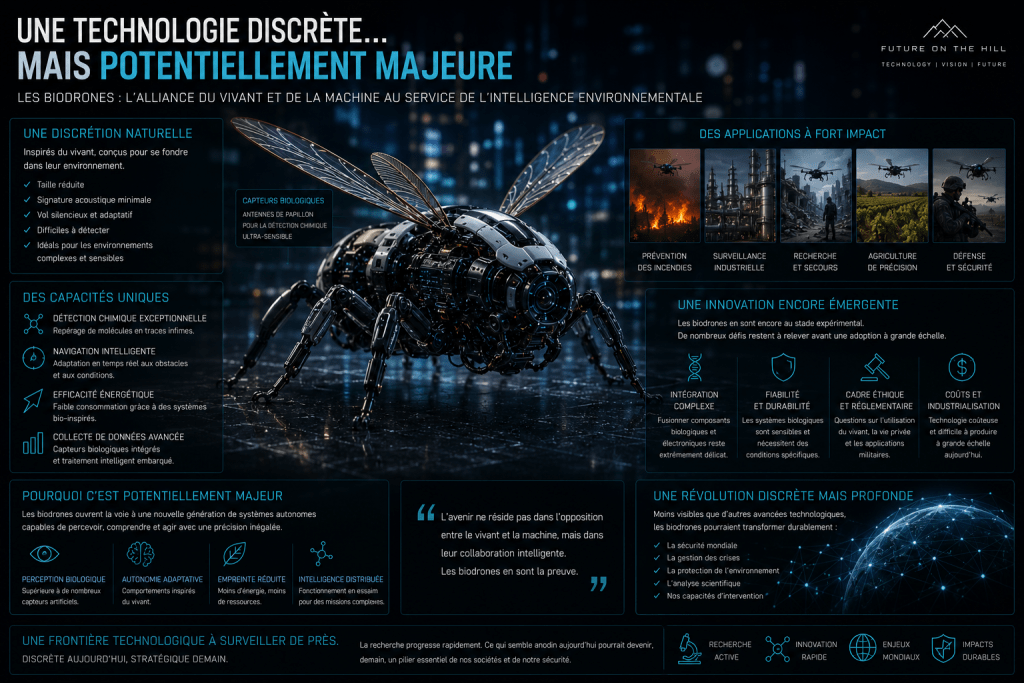 Infographie sur les biodrones, mettant en avant leur technologie inspirée de la nature et leurs applications potentielles dans des domaines tels que la surveillance, la recherche et l'agriculture.