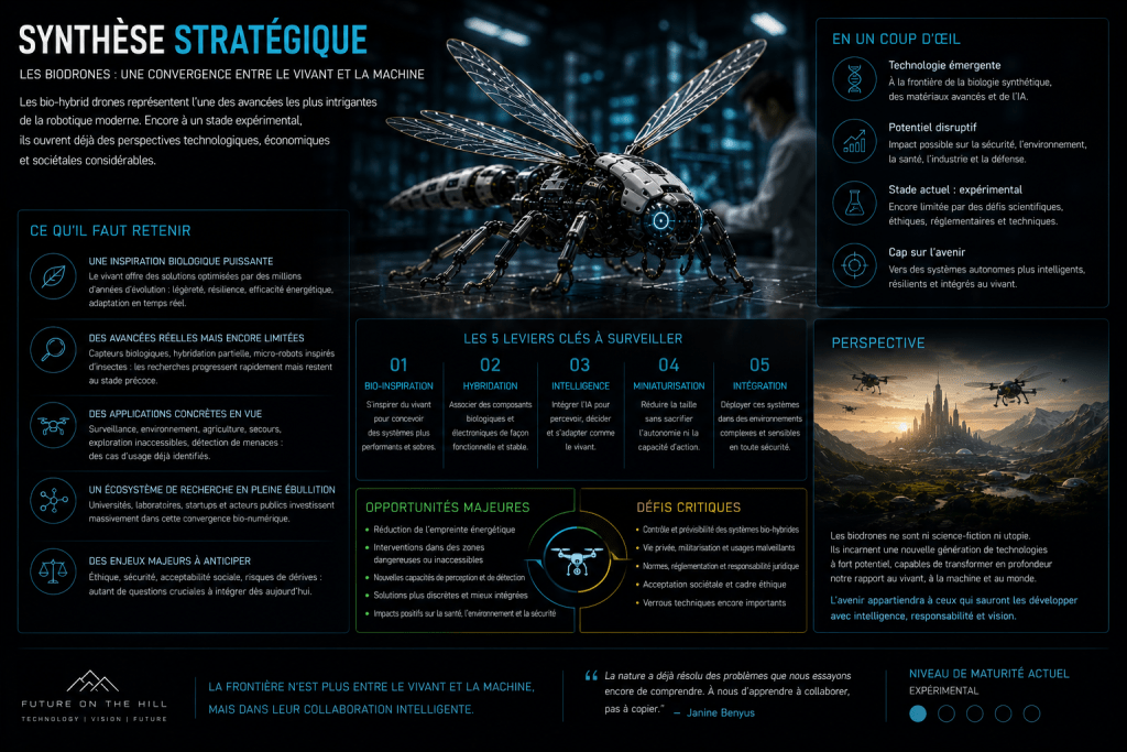Infographie sur les biodrones, représentant une convergence entre le vivant et la machine, avec un focus sur les avancées technologiques, les applications concrètes et les défis à surmonter.