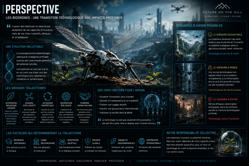 Une illustration futuriste présentant des biodrones, combinant biotechnologie et robotique, sur fond de paysage urbain et naturel.