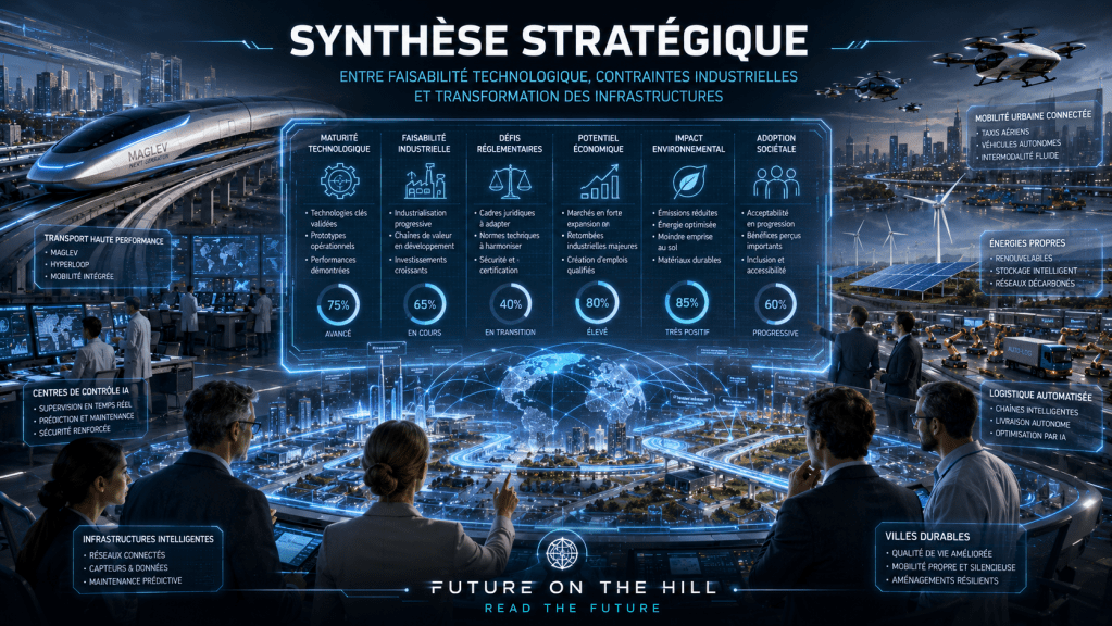 Image illustrant une synthèse stratégique sur les technologies de transport futuristes, mettant en avant les technologies Maglev, les infrastructures intelligentes et les défis réglementaires. On y voit des graphiques sur la maturité technologique, la faisabilité industrielle, et des éléments liés à l'impact environnemental et à l'adoption sociétale.