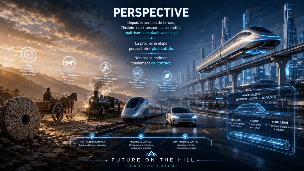Image futuriste représentant l'évolution des transports depuis l'invention de la roue, incluant des véhicules modernes comme un train maglev et une voiture électrique, avec des éléments textuels sur l'histoire et les technologies de transport.
