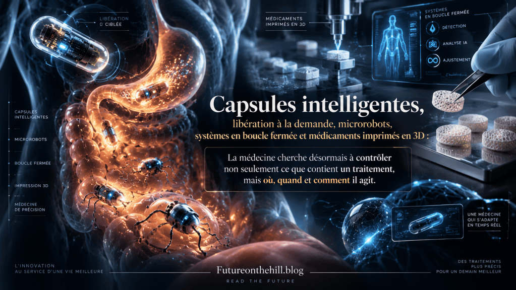 Image illustrant des capsules intelligentes et des microrobots dans le cadre de la médecine de précision, avec des éléments de technologie moderne comme l'impression 3D et des systèmes de libération ciblée.