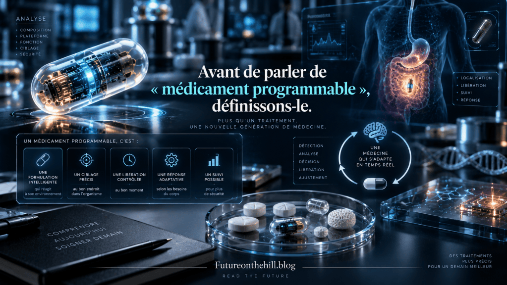 Image montrant un médicament programmable sous forme de capsule, avec des éléments visuels sur ses caractéristiques et avantages, dans un contexte scientifique.