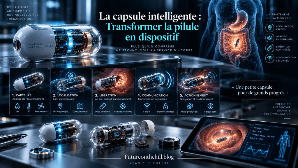 Image d'une capsule intelligente pour la médecine, avec une vue détaillée montrant des composants technologiques interconnectés.