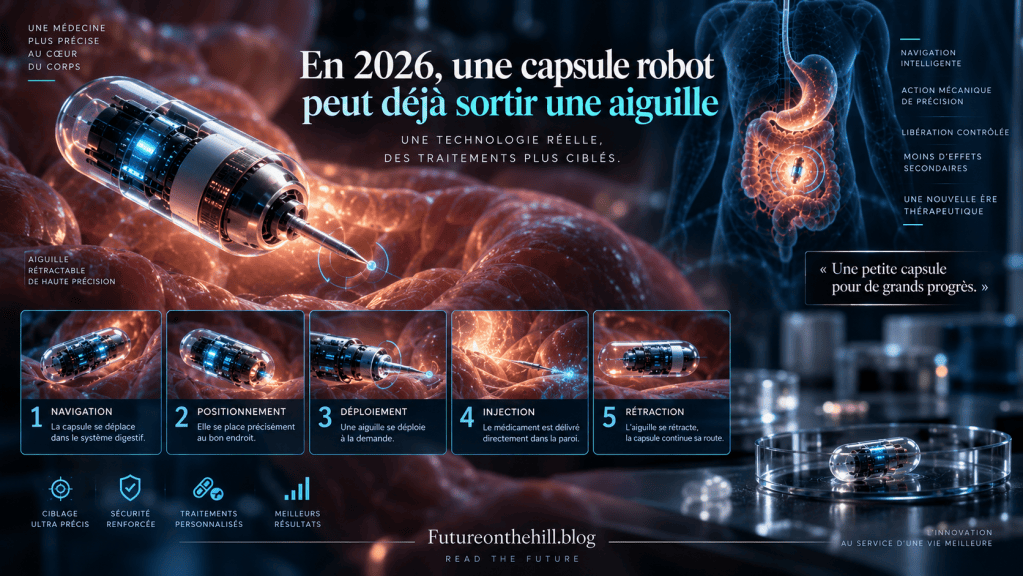 Image représentant une capsule robot médicale capable de déployer une aiguille, illustrant les avancées en médecine de précision.