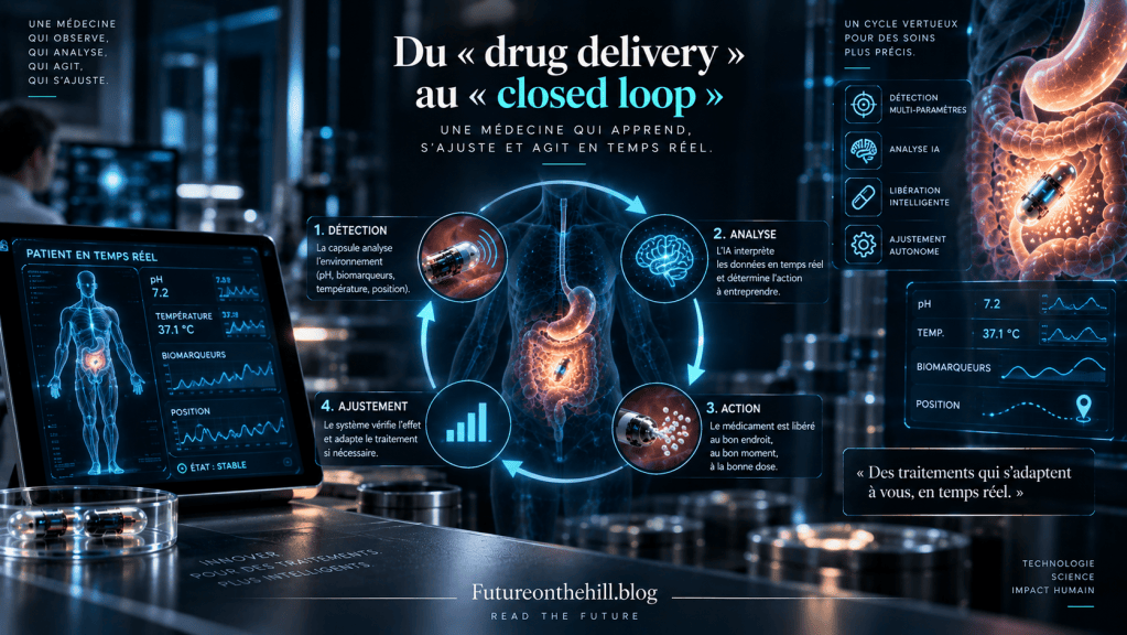 Illustration d'un système de santé avec un patient en temps réel, montrant un processus de détection, analyse, action et ajustement pour un traitement médical autonome.