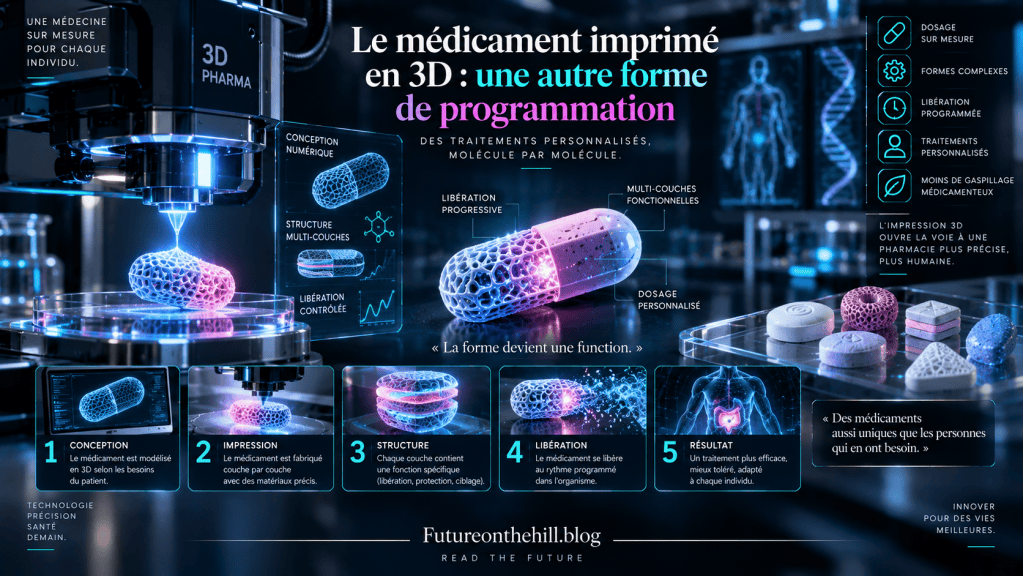 Illustration montrant le processus d'impression 3D de médicaments personnalisés, mettant en avant la conception, l'impression, la structure, et la libération contrôlée des traitements.