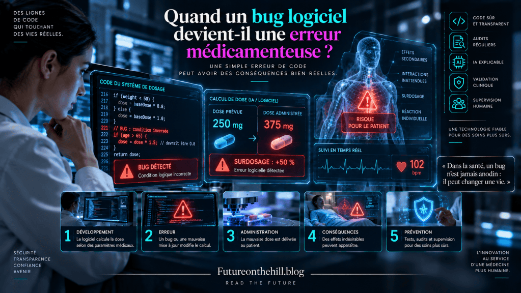 Infographie expliquant comment un bug logiciel peut provoquer des erreurs médicales, avec des illustrations et des données sur le dosage et les risques pour les patients.