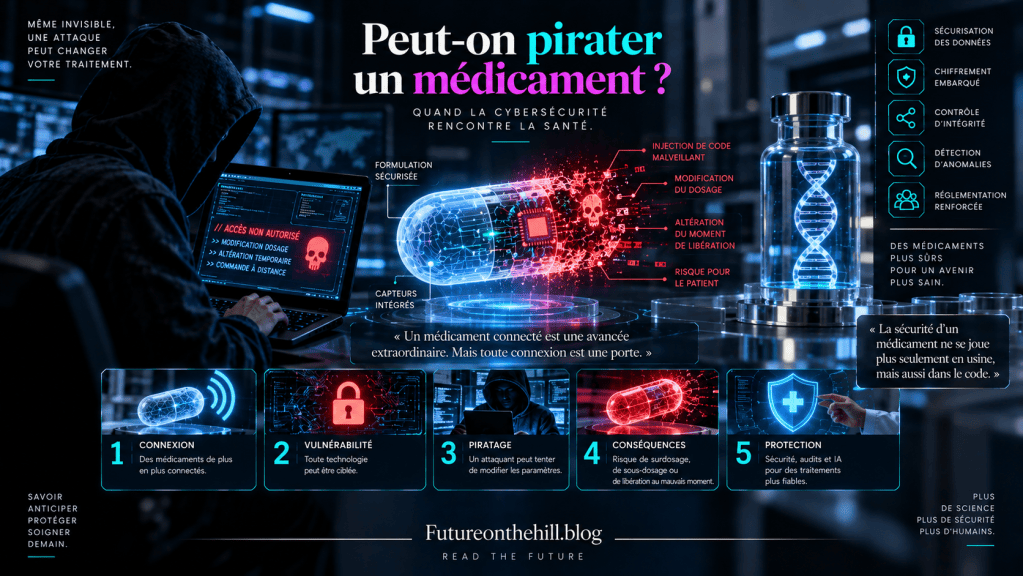 Infographie sur la cybersécurité dans le secteur pharmaceutique, illustrant les risques de piratage des médicaments.