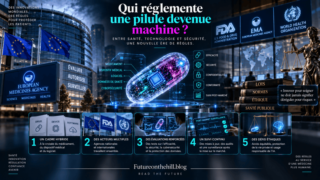 Image présentant un graphique sur la réglementation des médicaments devenus des dispositifs intelligents, avec le logo de l'Agence européenne des médicaments et diverses agences de santé.