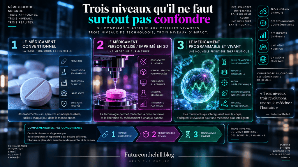Infographie présentant trois niveaux de médicaments : le médicament conventionnel, le médicament personnalisé/imprimé en 3D, et le médicament programmable et vivant, avec des descriptions et des caractéristiques de chaque niveau.