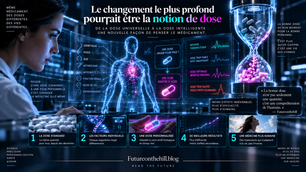 Une femme examine un hologramme détaillant des informations sur les doses personnalisées de médicaments, avec des illustrations de capsules et de facteurs individuels tels que la génétique et le poids.