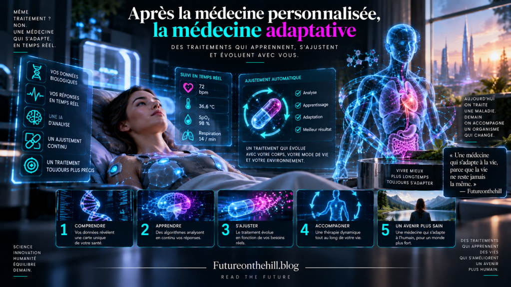 Image représentant des concepts de médecine adaptative, montrant une femme allongée avec un affichage digital de ses données biologiques et des éléments graphiques sur les traitements en temps réel.