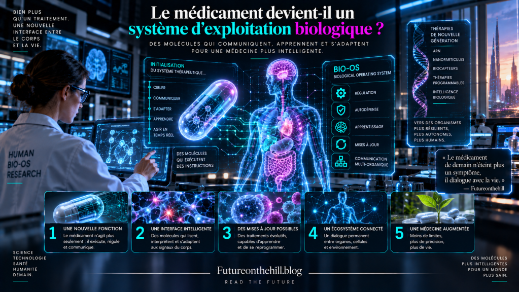 Un scientifique en blouse de laboratoire observe des écrans affichant un système d'exploitation biologique pour des médicaments intelligents, avec des illustrations de molécules et d'organes.