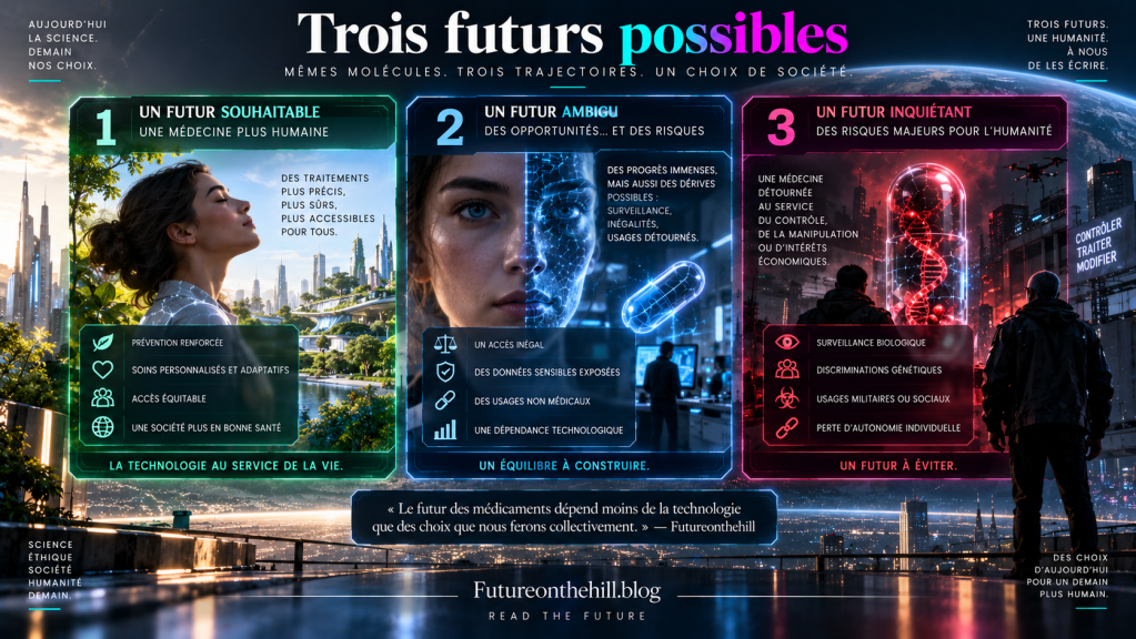 Une illustration représentant trois futurs possibles pour l'humanité, avec des images de médecines, de technologies et de paysages futuristes. Chaque section décrit un avenir différent : un futur souhaitable avec des soins humains, un futur ambigu avec des opportunités et des risques, et un futur inquiétant illustrant des dangers pour l'humanité.
