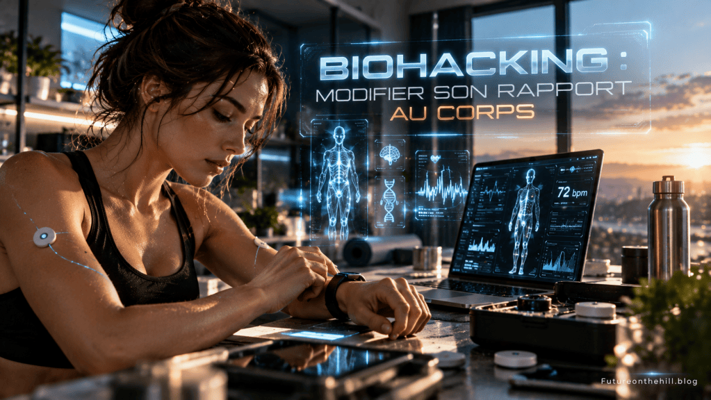 Femme analysant des données de biohacking sur un ordinateur portable avec des graphiques de santé, dans un environnement moderne et lumineux.