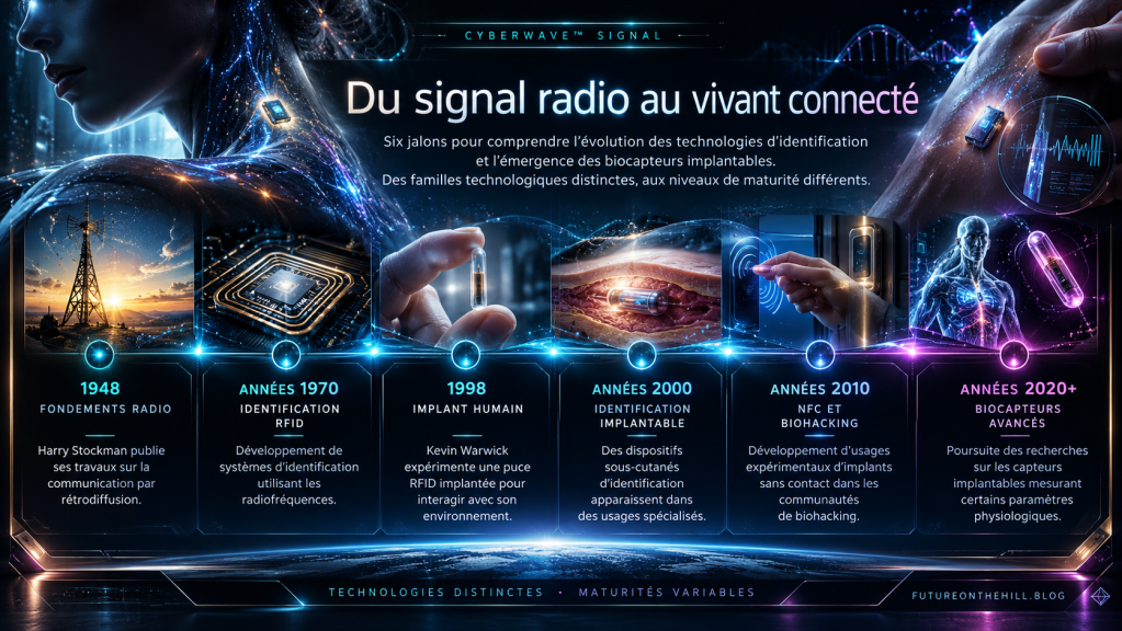 Infographie sur l'évolution des technologies d'identification et des biocapteurs implantables, montrant des jalons de 1948 à 2020+. Il inclut des éléments visuels de radio, de puces RFID, et de biohacking.