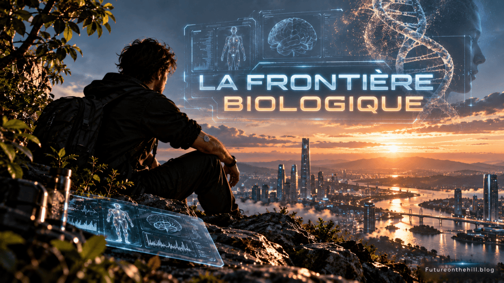 Un homme assis sur une roche, regardant un paysage urbain au coucher du soleil, avec des affichages holographiques sur la biologie et la science à côté de lui.