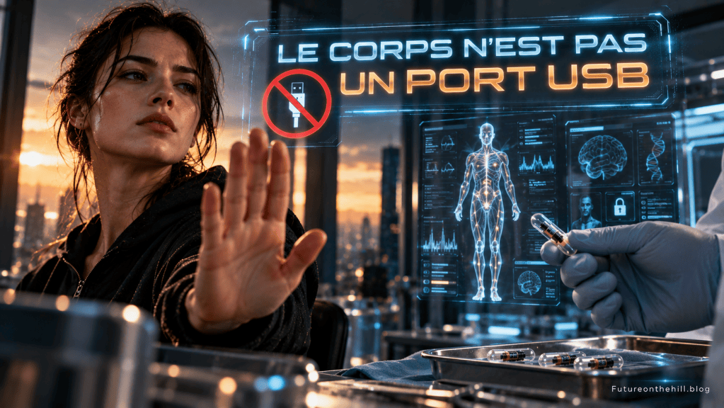 Une femme lève la main en signe de refus, tandis qu'un écran holographique affiche le message 'Le corps n'est pas un port USB'.