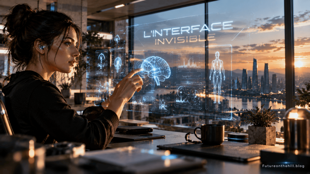 Une femme utilise une interface holographique dans un environnement moderne, avec un paysage urbain en arrière-plan au coucher du soleil. Elle interagit avec des graphiques futuristes touchant des représentations du cerveau et du corps humain.