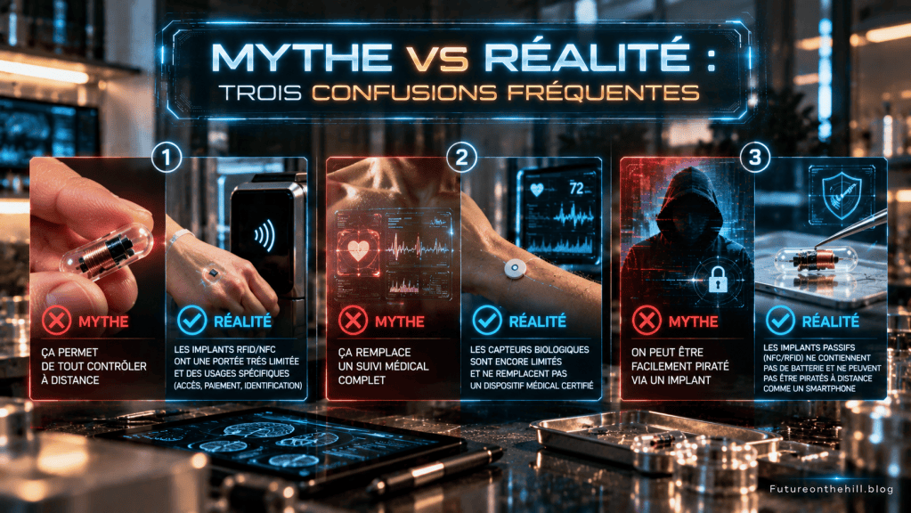 Image illustrant les mythes et réalités sur les implants RFID/NFC, avec des explications sur trois confusions fréquentes : contrôle à distance, remplacement de dispositifs médicaux et sécurité des implants.