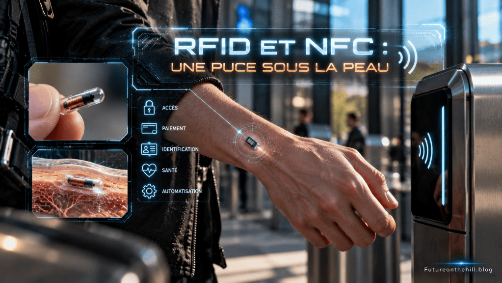 Un premier plan d'une main tenant une puce RFID implantée dans la peau, avec une illustration numérique sur les applications de cette technologie incluant accès, paiement, identification, santé et automatisation. En arrière-plan, une borne de contrôle d'accès.